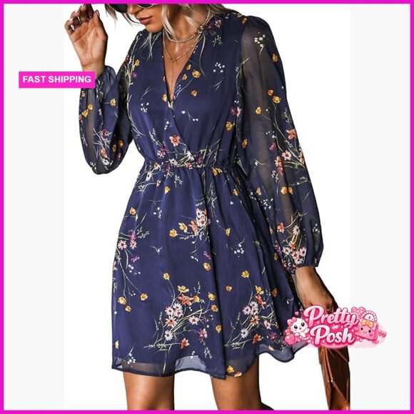 Dresses & Skirts - Chiffon V-Neck Mini Dress with Long Peasant Sleeves, Elastic Waist